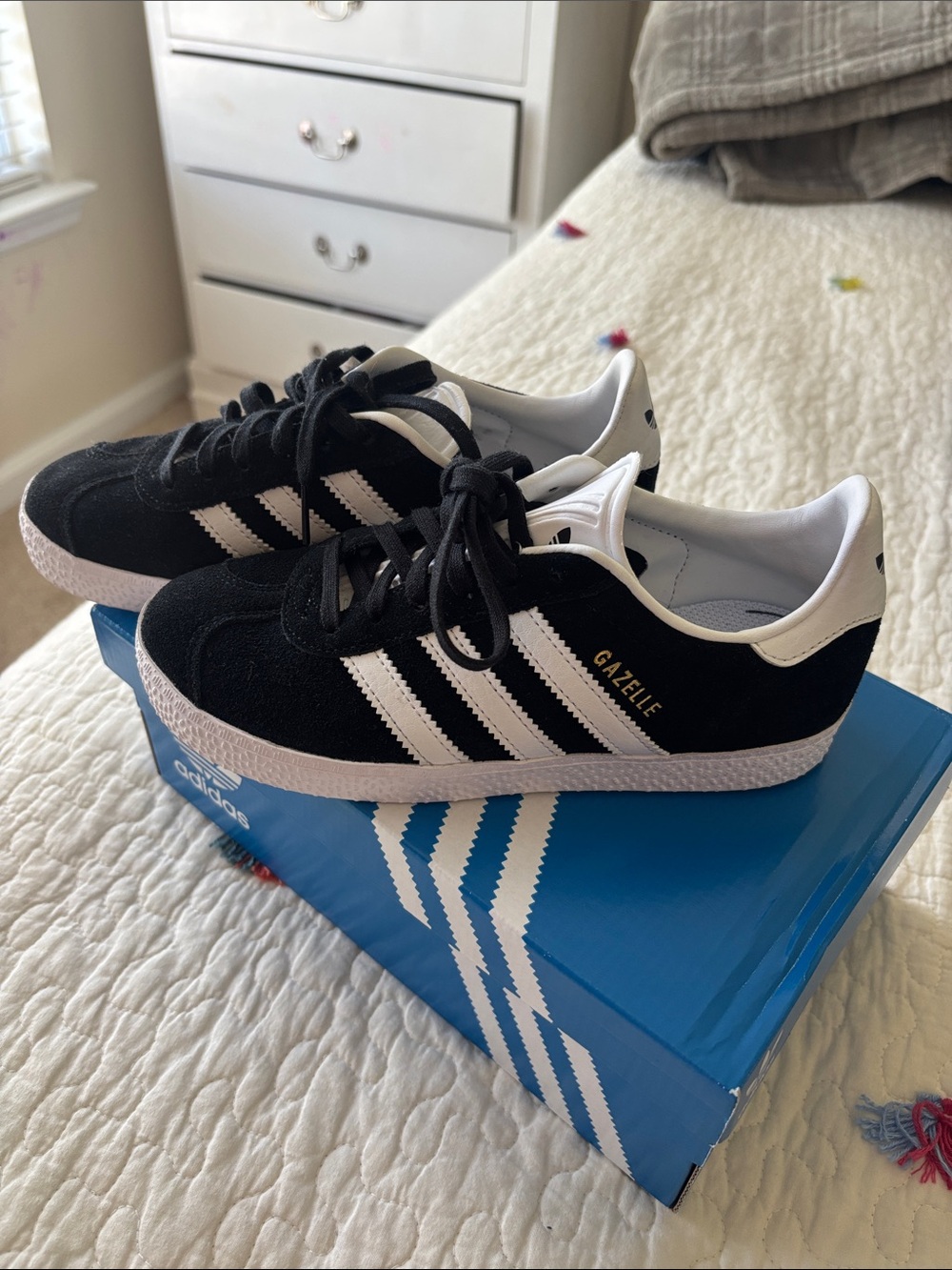 adidas Kids Gazelle Sneakers - Black with White Stripes